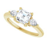 Three-stone engagement ring with pear side stones in 14K gold, diamond center, on hand variant--Asscher variant--1CT variant--14K-yellow-gold