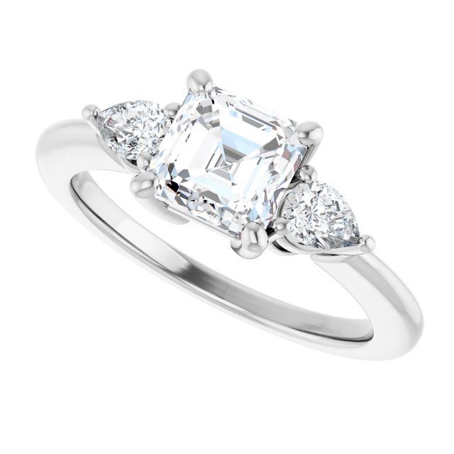 Three-stone engagement ring with pear side stones in 14K gold, diamond center, three-quarter angle variant--Asscher variant--1CT variant--14K-white-gold