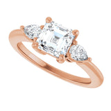Three-stone engagement ring with pear side stones in 14K gold, diamond center, overhead variant--Asscher variant--1CT variant--14K-rose-gold