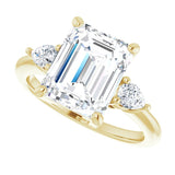 Three-stone engagement ring with pear side stones in 14K gold, diamond center, overhead variant--Emerald variant--4CT variant--14K-yellow-gold