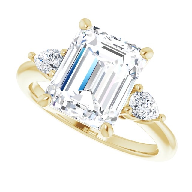 Three-stone engagement ring with pear side stones in 14K gold, diamond center, overhead variant--Emerald variant--4CT variant--14K-yellow-gold