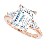 Three-stone engagement ring with pear side stones in 14K gold, diamond center, showing setting detail variant--Emerald variant--4CT variant--14K-rose-gold