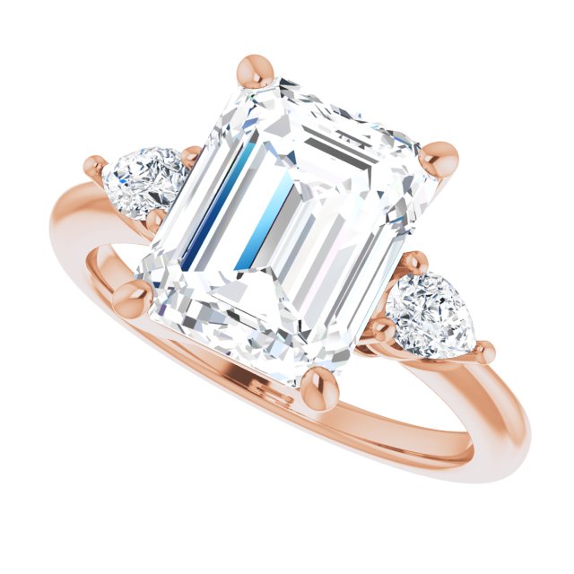 Three-stone engagement ring with pear side stones in 14K gold, diamond center, showing setting detail variant--Emerald variant--4CT variant--14K-rose-gold