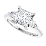 Three-stone engagement ring with pear side stones in 14K gold, diamond center, overhead variant--Square variant--2CT variant--14K-white-gold