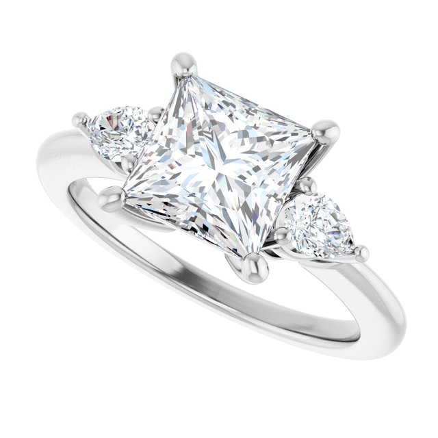 Three-stone engagement ring with pear side stones in 14K gold, diamond center, overhead variant--Square variant--2CT variant--14K-white-gold