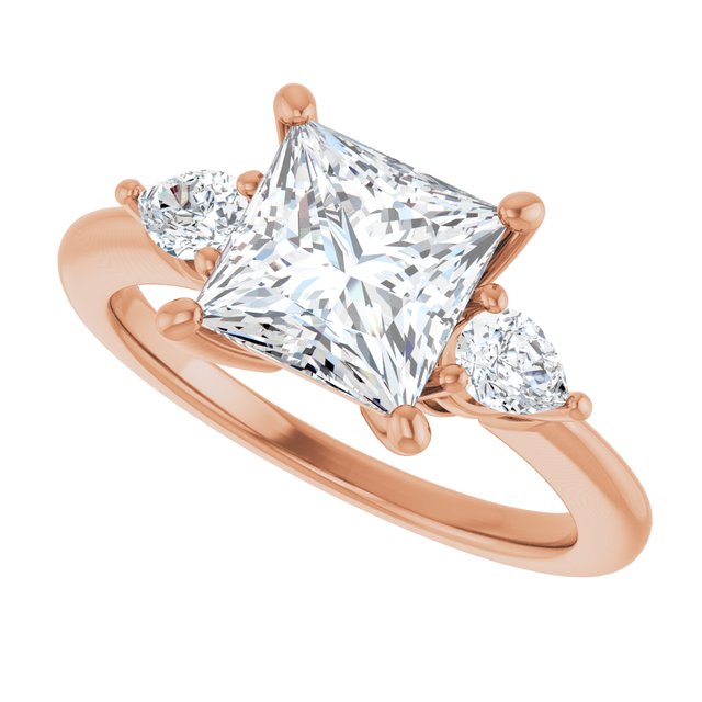 Three-stone engagement ring with pear side stones in 14K gold, diamond center, on hand variant--Square variant--2CT variant--14K-rose-gold