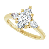 Three-stone engagement ring with pear side stones in 14K gold, diamond center, in packaging variant--Marquise variant--1CT variant--14K-yellow-gold