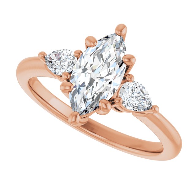 Three-stone engagement ring with pear side stones in 14K gold, diamond center, front view variant--Marquise variant--1CT variant--14K-rose-gold