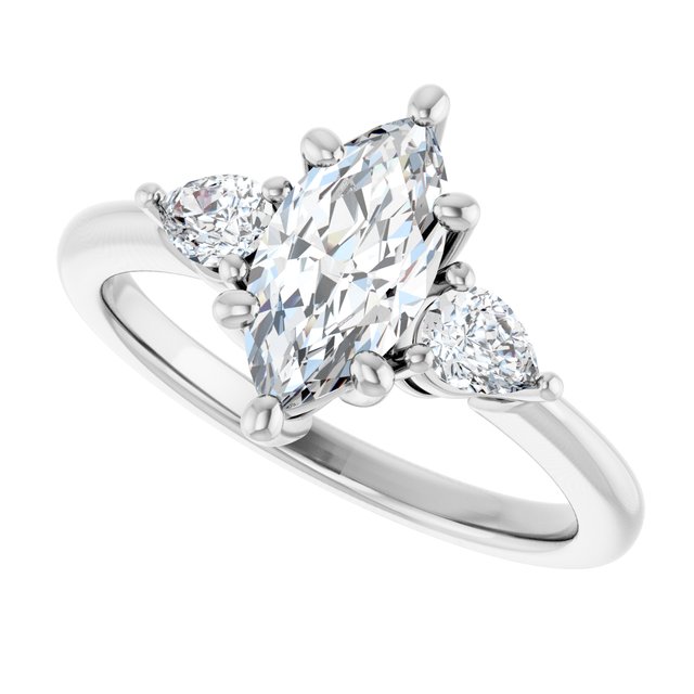 Three-stone engagement ring with pear side stones in 14K gold, diamond center, close-up of pear side stones variant--Marquise variant--1CT variant--14K-white-gold