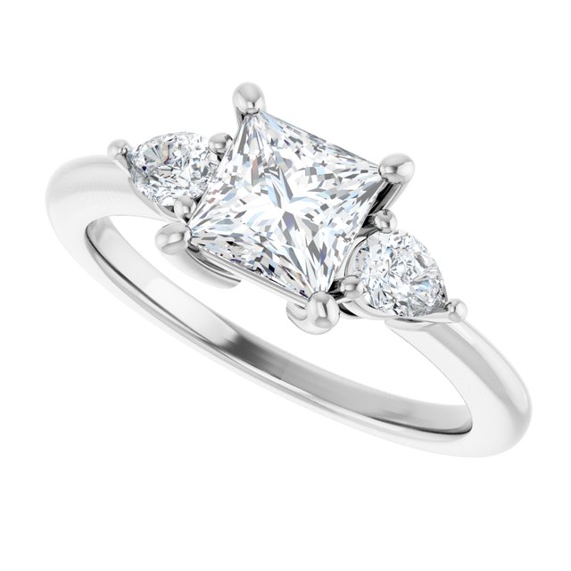 Three-stone engagement ring with pear side stones in 14K gold, diamond center, overhead variant--Square variant--1CT variant--14K-white-gold