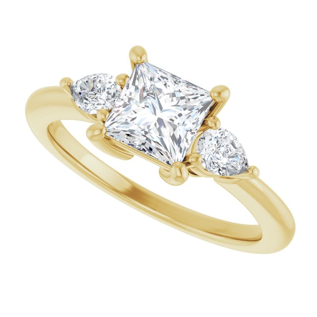 Three-stone engagement ring with pear side stones in 14K gold, diamond center, three-quarter angle variant--Square variant--1CT variant--14K-yellow-gold