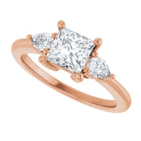 Three-stone engagement ring with pear side stones in 14K gold, diamond center, on hand variant--Square variant--1CT variant--14K-rose-gold