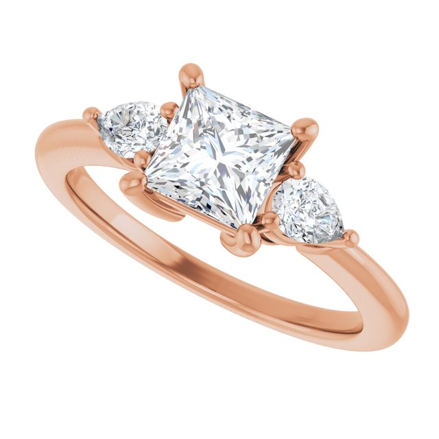 Three-stone engagement ring with pear side stones in 14K gold, diamond center, on hand variant--Square variant--1CT variant--14K-rose-gold