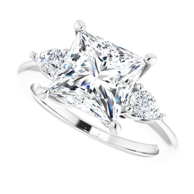 Three-stone engagement ring with pear side stones in 14K gold, diamond center, three-quarter angle variant--Square variant--3CT variant--14K-white-gold