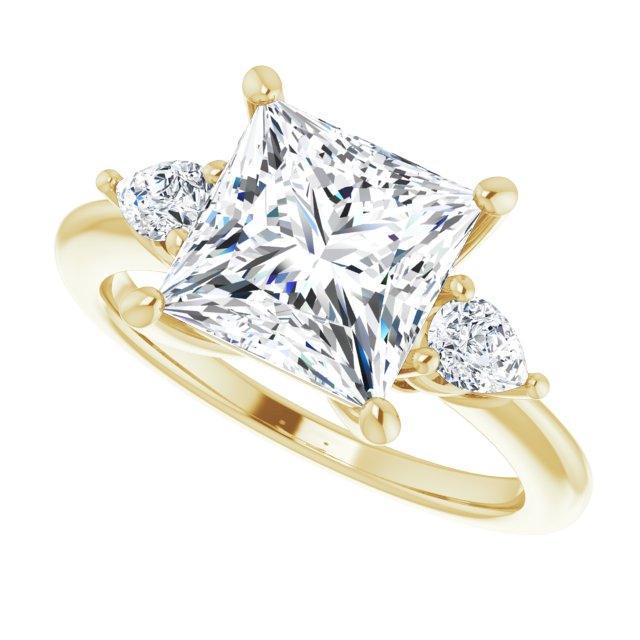 Three-stone engagement ring with pear side stones in 14K gold, diamond center, overhead variant--Square variant--3CT variant--14K-yellow-gold