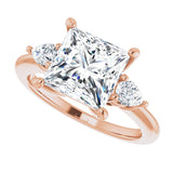 Three-stone engagement ring with pear side stones in 14K gold, diamond center, showing setting detail variant--Square variant--3CT variant--14K-rose-gold