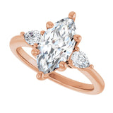 Three-stone engagement ring with pear side stones in 14K gold, diamond center, in packaging variant--Marquise variant--2CT variant--14K-rose-gold