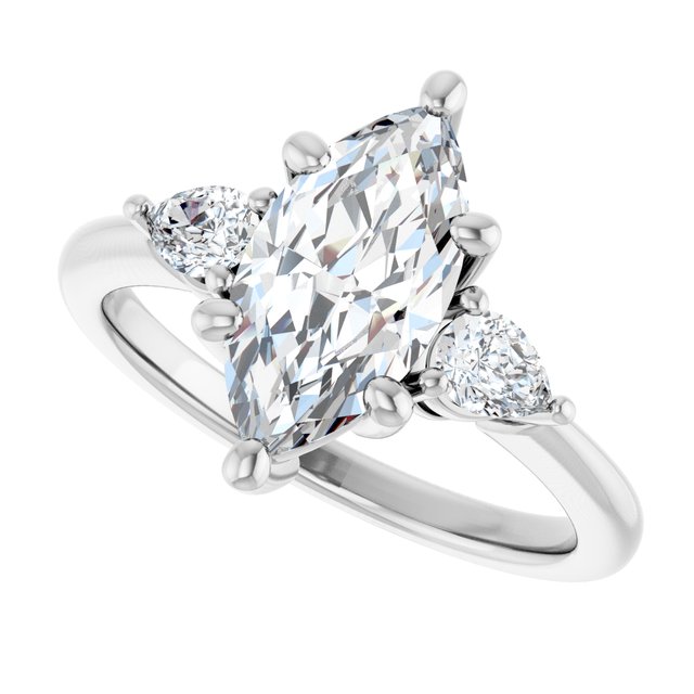 Three-stone engagement ring with pear side stones in 14K gold, diamond center, side profile variant--Marquise variant--2CT variant--14K-white-gold