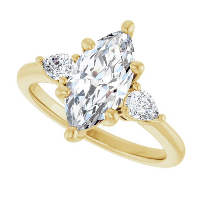 Three-stone engagement ring with pear side stones in 14K gold, diamond center, close-up of pear side stones variant--Marquise variant--2CT variant--14K-yellow-gold