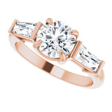 Three-stone baguette side stone ring in 14K gold, diamond center, close-up of baguette side stones/2-CT.5CT variant--Round variant--1.5CT variant--14K-rose-gold
