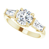 Three-stone baguette side stone ring in 14K gold, diamond center, front view/2-CT.5CT variant--Round variant--1.5CT variant--14K-yellow-gold