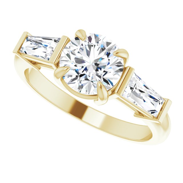 Three-stone baguette side stone ring in 14K gold, diamond center, front view/2-CT.5CT variant--Round variant--1.5CT variant--14K-yellow-gold