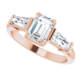 Three-stone baguette side stone ring in 14K gold, diamond center, three-quarter angle variant--Emerald variant--1CT variant--14K-rose-gold