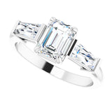 Three-stone baguette side stone ring in 14K gold, diamond center, showing setting variant--Emerald variant--1CT variant--14K-white-gold
