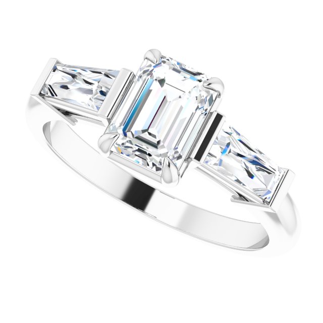 Three-stone baguette side stone ring in 14K gold, diamond center, showing setting variant--Emerald variant--1CT variant--14K-white-gold