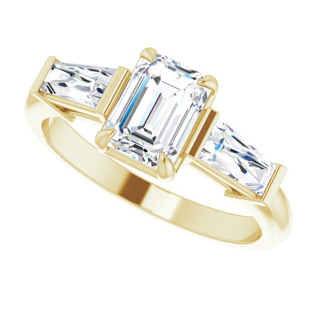 Three-stone baguette side stone ring in 14K gold, diamond center, close-up of baguette side stones variant--Emerald variant--1CT variant--14K-yellow-gold
