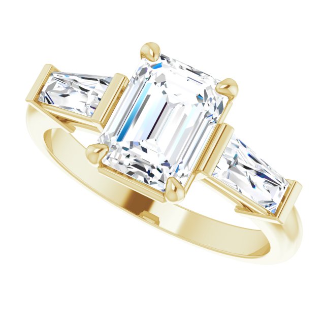 Three-stone baguette side stone ring in 14K gold, diamond center, on hand/2-CT.5CT variant--Emerald variant--1.5CT variant--14K-yellow-gold