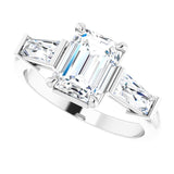 Three-stone baguette side stone ring in 14K gold, diamond center, overhead/2-CT.5CT variant--Emerald variant--1.5CT variant--14K-white-gold