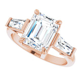 Three-stone baguette side stone ring in 14K gold, diamond center, front view variant--Emerald variant--2CT variant--14K-rose-gold