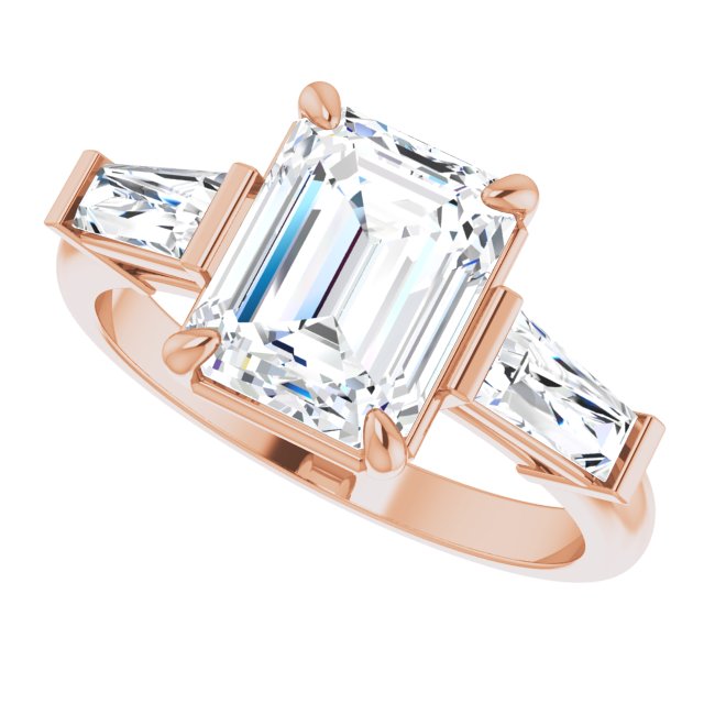 Three-stone baguette side stone ring in 14K gold, diamond center, front view variant--Emerald variant--2CT variant--14K-rose-gold