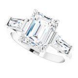 Three-stone baguette side stone ring in 14K gold, diamond center, overhead variant--Emerald variant--2CT variant--14K-white-gold