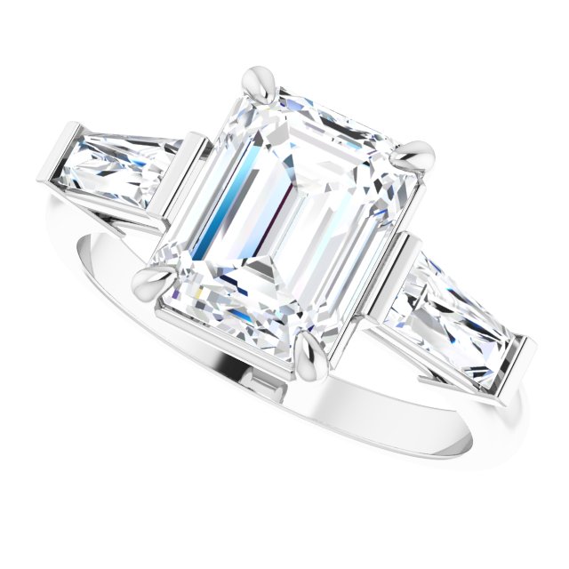 Three-stone baguette side stone ring in 14K gold, diamond center, overhead variant--Emerald variant--2CT variant--14K-white-gold