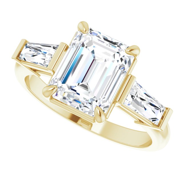 Three-stone baguette side stone ring in 14K gold, diamond center, on hand variant--Emerald variant--2CT variant--14K-yellow-gold