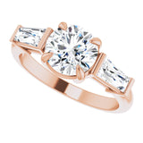 Three-stone baguette side stone ring in 14K gold, diamond center, side profile variant--Round variant--2CT variant--14K-rose-gold