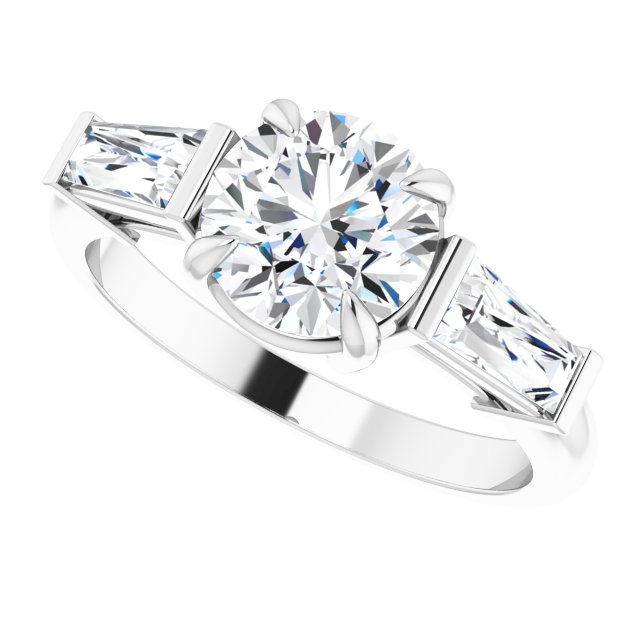 Three-stone baguette side stone ring in 14K gold, diamond center, front view variant--Round variant--2CT variant--14K-white-gold