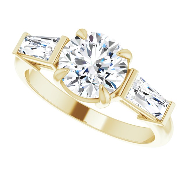 Three-stone baguette side stone ring in 14K gold, diamond center, overhead variant--Round variant--2CT variant--14K-yellow-gold