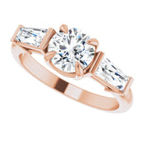Three-stone baguette side stone ring in 14K gold, diamond center, overhead variant--Round variant--1CT variant--14K-rose-gold