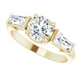 Three-stone baguette side stone ring in 14K gold, diamond center, three-quarter angle variant--Round variant--1CT variant--14K-yellow-gold
