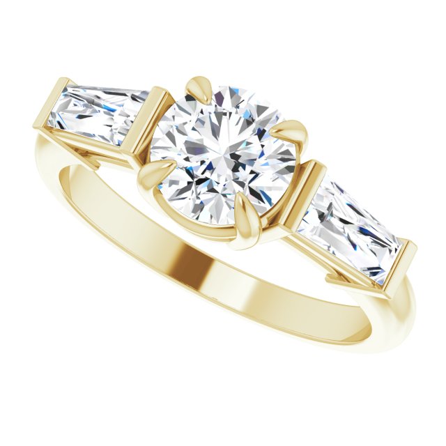 Three-stone baguette side stone ring in 14K gold, diamond center, three-quarter angle variant--Round variant--1CT variant--14K-yellow-gold