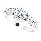 Three-stone baguette side stone ring in 14K gold, diamond center, on hand variant--Round variant--1CT variant--14K-white-gold