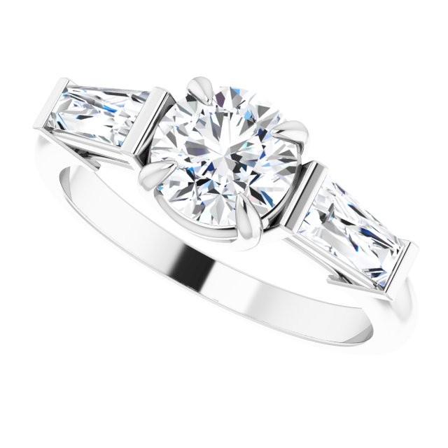Three-stone baguette side stone ring in 14K gold, diamond center, on hand variant--Round variant--1CT variant--14K-white-gold