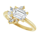 Floral cluster diamond ring in 14K gold, profile view showing band and setting height variant--Emerald variant--1CT variant--14K-yellow-gold