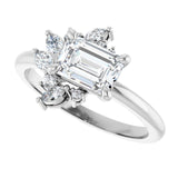 Floral cluster diamond ring in rose gold with emerald-cut center, side view variant--Emerald variant--1CT variant--14K-white-gold