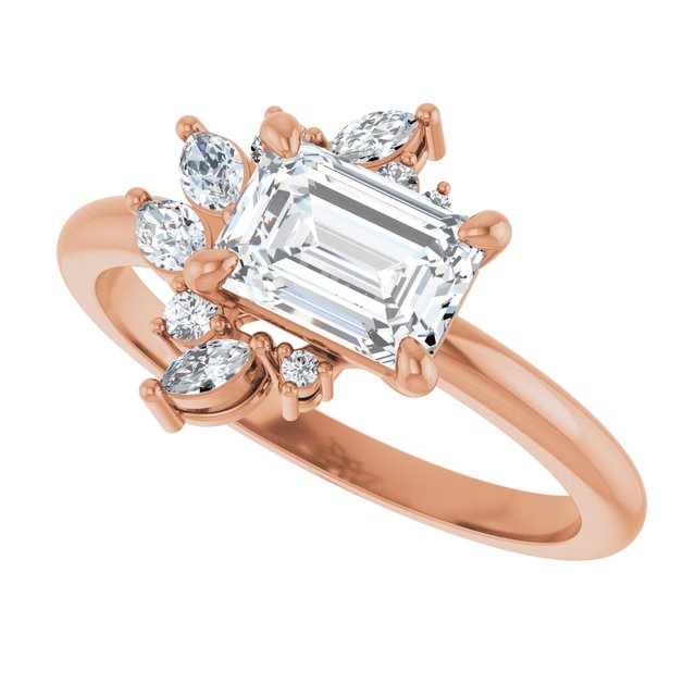 Floral cluster diamond ring in yellow gold with larger center stone detail variant--Emerald variant--1CT variant--14K-rose-gold