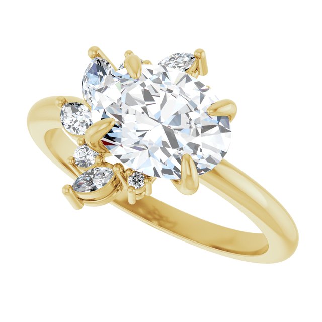 Floral cluster ring with oval center stone in yellow gold, full view/2-CT.5CT variant--Oval variant--1.5CT variant--14K-yellow-gold