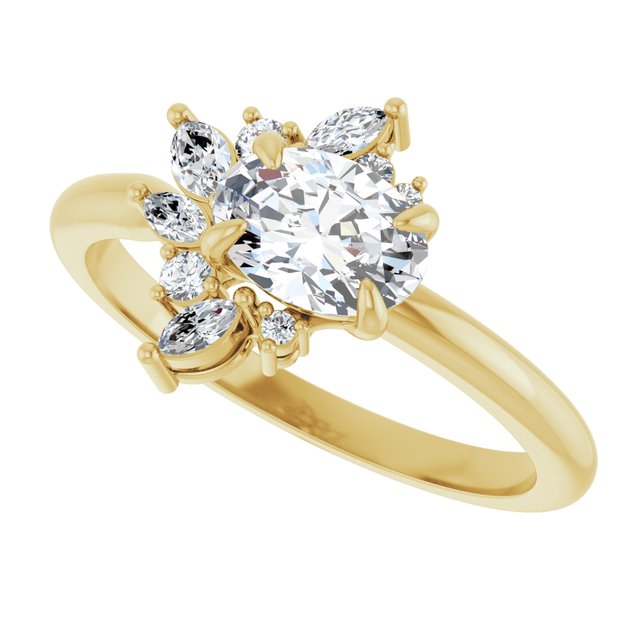 Floral cluster diamond ring with oval center stone in yellow gold variant--Oval variant--1CT variant--14K-yellow-gold